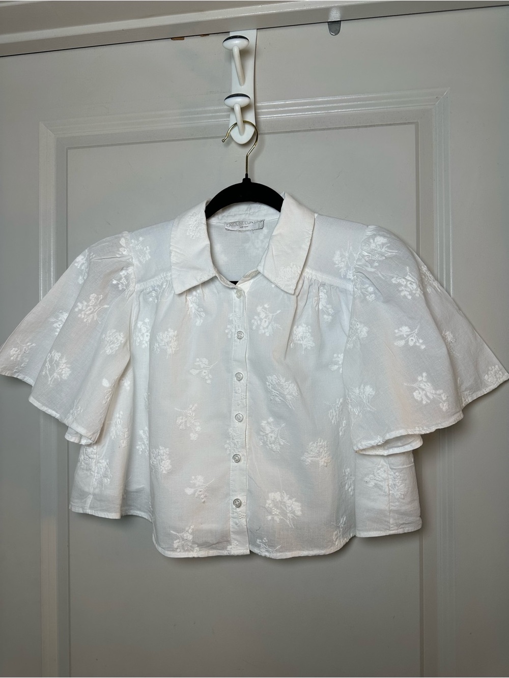 CAROLINE CONSTAS Cotton Embroidered Crop Flutter Sleeve Button Up White Top,XS/S